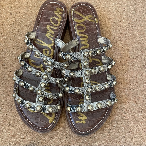 Sam Edelman Beige Leather Snake Print Heeled Slides Sandals Women’s size 7.5 EUC - Picture 8 of 11